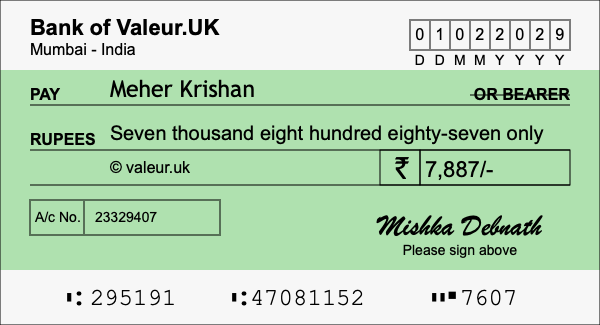 How to write a cheque for 7,887 rupees How to write a cheque for 7,887 rupees