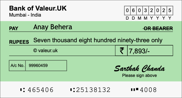 How to write a cheque for 7,893 rupees How to write a cheque for 7,893 rupees