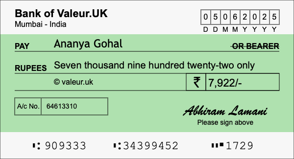 How to write a cheque for 7,922 rupees How to write a cheque for 7,922 rupees