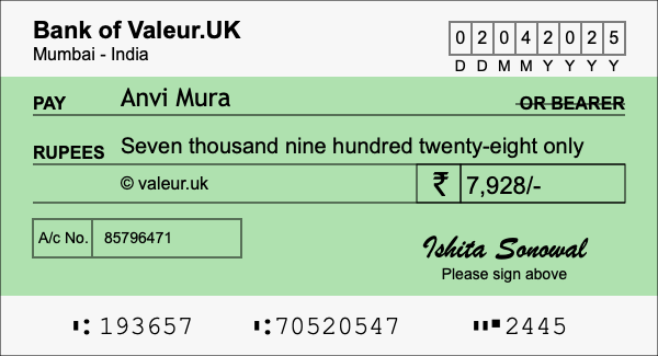 How to write a cheque for 7,928 rupees How to write a cheque for 7,928 rupees