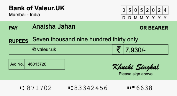How to write a cheque for 7,930 rupees