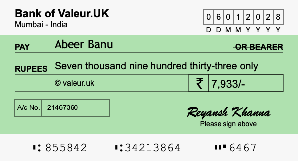 How to write a cheque for 7,933 rupees How to write a cheque for 7,933 rupees