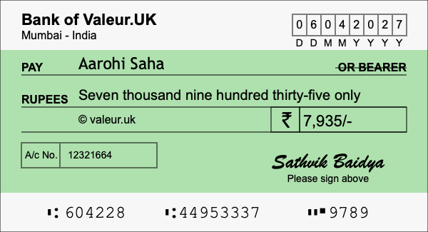 How to write a cheque for 7,935 rupees