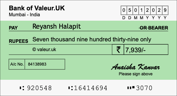 How to write a cheque for 7,939 rupees