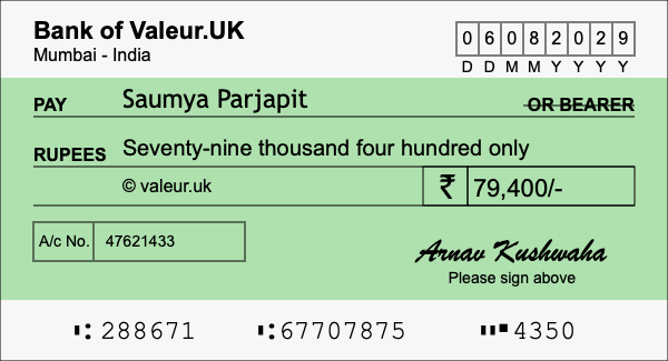 How to write a cheque for 79,400 rupees