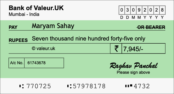 How to write a cheque for 7,945 rupees How to write a cheque for 7,945 rupees