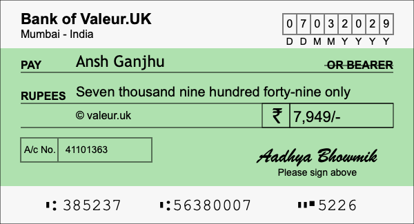 How to write a cheque for 7,949 rupees