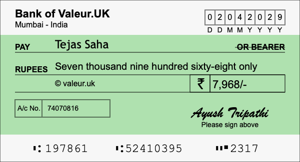 How to write a cheque for 7,968 rupees