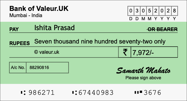 How to write a cheque for 7,972 rupees