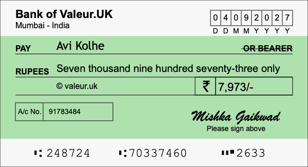 How to write a cheque for 7,973 rupees