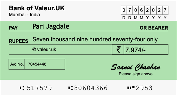 How to write a cheque for 7,974 rupees