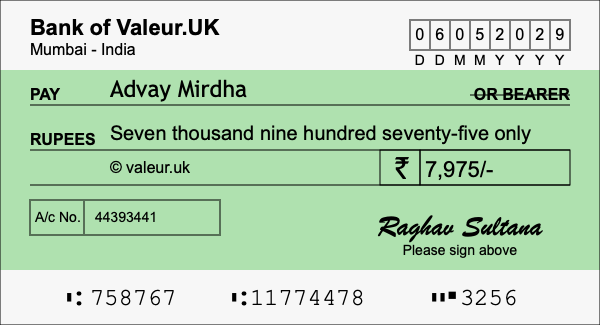 How to write a cheque for 7,975 rupees