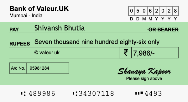 How to write a cheque for 7,986 rupees