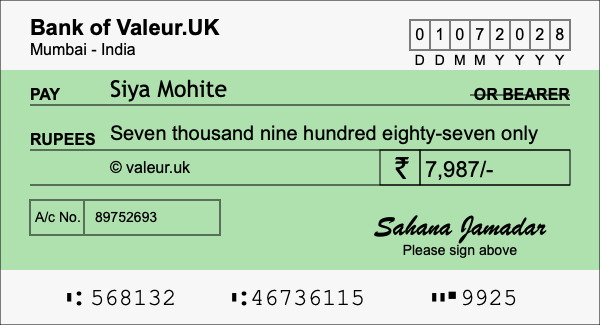 How to write a cheque for 7,987 rupees