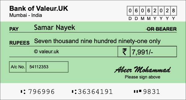 How to write a cheque for 7,991 rupees