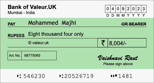How to write a cheque for 8,004 rupees