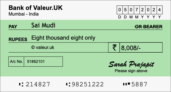 How to write a cheque for 8,008 rupees How to write a cheque for 8,008 rupees