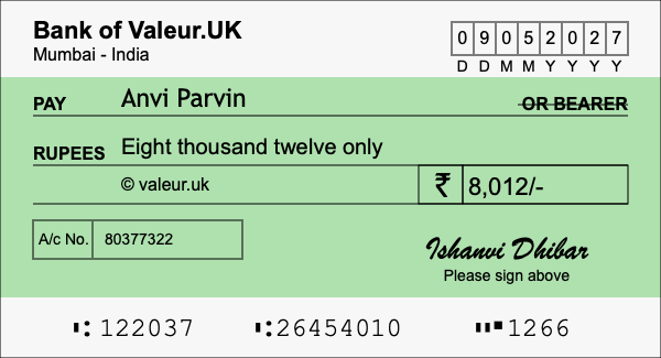 How to write a cheque for 8,012 rupees