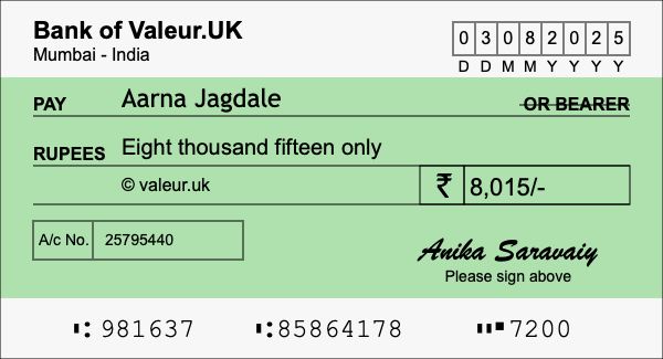 How to write a cheque for 8,015 rupees
