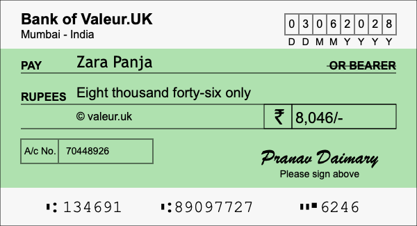 How to write a cheque for 8,046 rupees