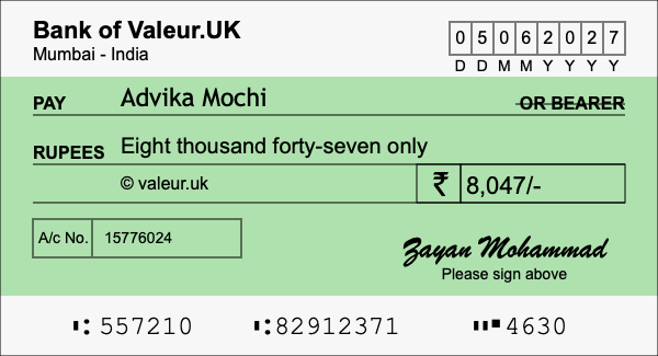 How to write a cheque for 8,047 rupees