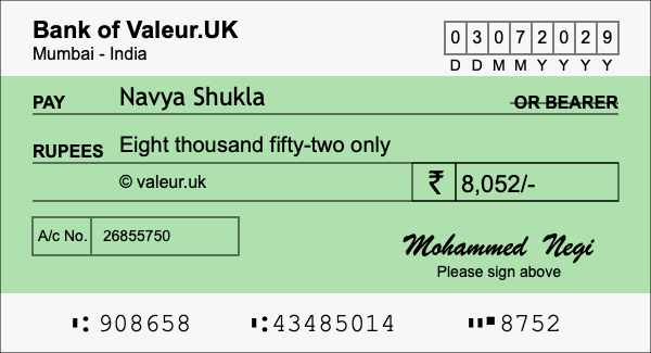 How to write a cheque for 8,052 rupees How to write a cheque for 8,052 rupees