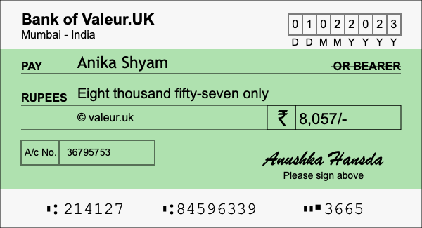 How to write a cheque for 8,057 rupees