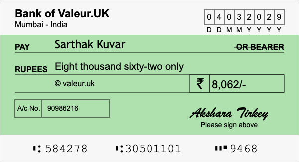 How to write a cheque for 8,062 rupees