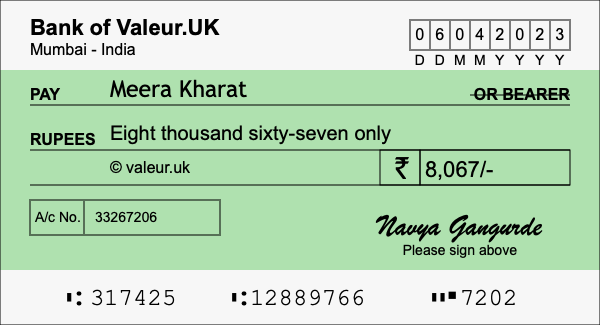 How to write a cheque for 8,067 rupees How to write a cheque for 8,067 rupees
