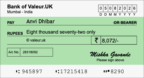 How to write a cheque for 8,072 rupees How to write a cheque for 8,072 rupees