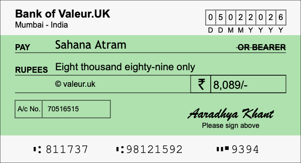 How to write a cheque for 8,089 rupees