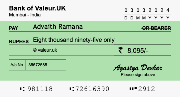 How to write a cheque for 8,095 rupees
