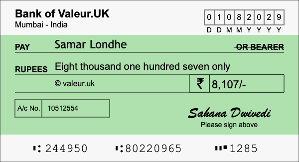 How to write a cheque for 8,107 rupees
