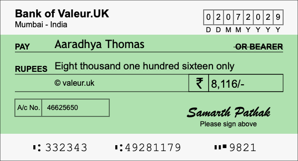 How to write a cheque for 8,116 rupees