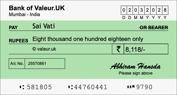 How to write a cheque for 8,118 rupees How to write a cheque for 8,118 rupees