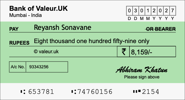 How to write a cheque for 8,159 rupees