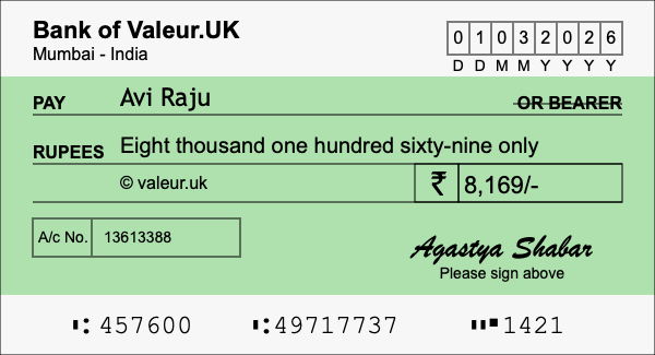 How to write a cheque for 8,169 rupees