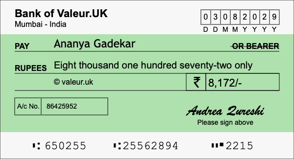 How to write a cheque for 8,172 rupees