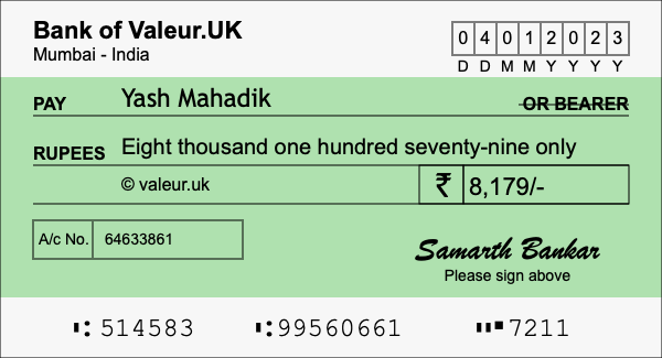How to write a cheque for 8,179 rupees