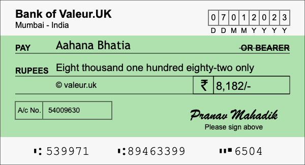 How to write a cheque for 8,182 rupees