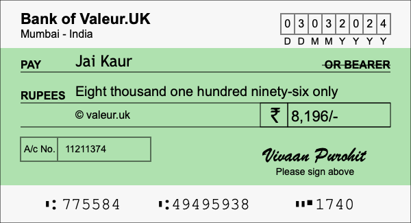 How to write a cheque for 8,196 rupees
