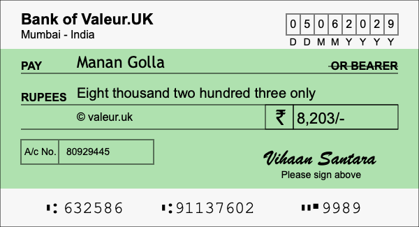 How to write a cheque for 8,203 rupees