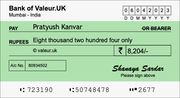 How to write a cheque for 8,204 rupees