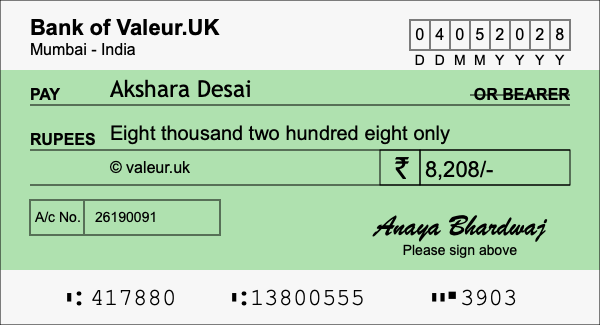 How to write a cheque for 8,208 rupees