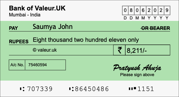 How to write a cheque for 8,211 rupees