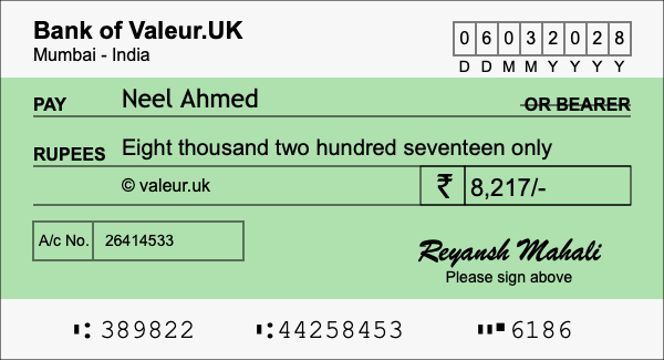 How to write a cheque for 8,217 rupees