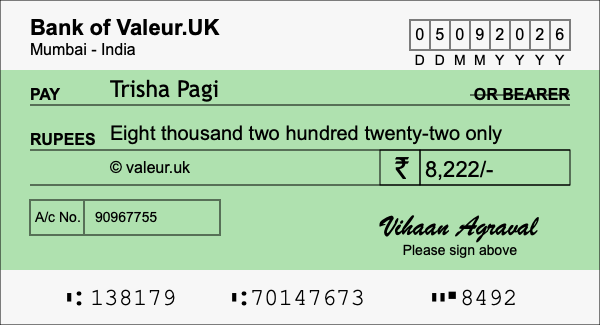 How to write a cheque for 8,222 rupees