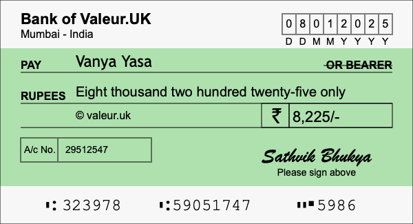 How to write a cheque for 8,225 rupees
