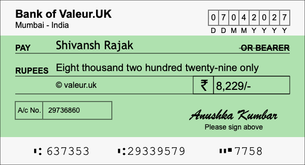 How to write a cheque for 8,229 rupees
