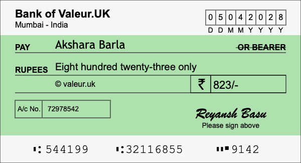 How to write a cheque for 823 rupees